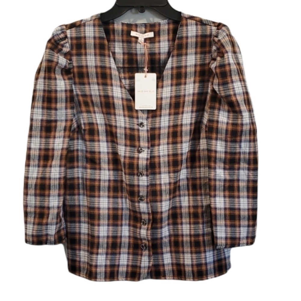 Nwt Anthropologie Skies Are Blue Plaid Boho V Neck Fashion Top Blouse